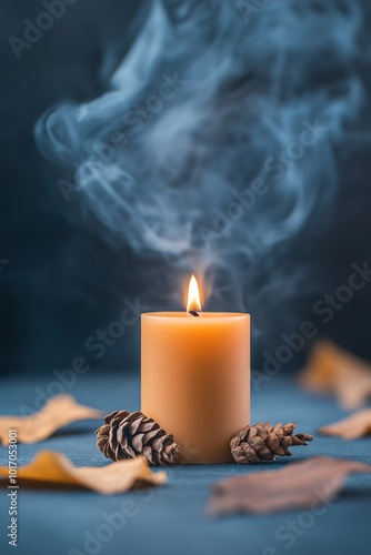 Burning candle with rising smoke in dark blue background, serene and peaceful atmosphere, relaxation, meditation, calm ambiance, spiritual moment, flickering flame, soothing light photo