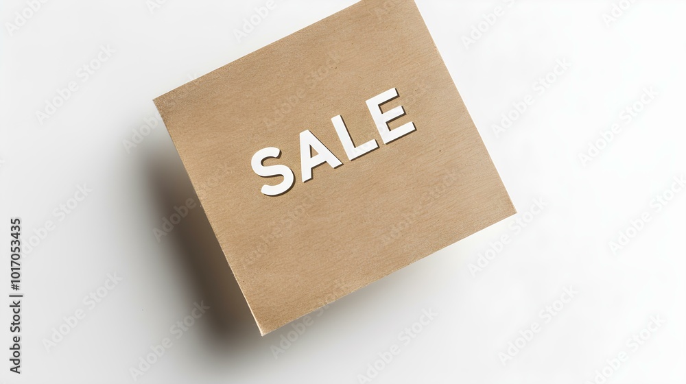 White 'SALE' Text on a Light Brown Square Paper Note. White Background with Copy Space White 'SALE' Text on a Light Brown Square Paper Note. White Background with Copy Space
