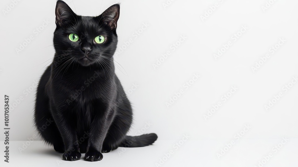 A black cat with glowing green eyes sitting in a hunched position focus on Mysterious and eerie for Halloween designs ethereal Composite Isolated white background A black cat with glowing green eyes sitting in a hunched position focus on Mysterious and eerie for Halloween designs ethereal Composite Isolated white background