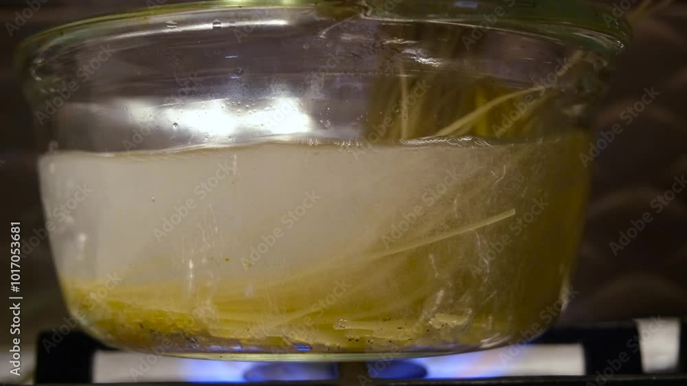 Spaghetti in boiling water. Spaghetti in a transparent pan with boiling water. Spaghetti boils in a pan. Spaghetti in a transparent pan close-up Spaghetti in boiling water. Spaghetti in a transparent pan with boiling water. Spaghetti boils in a pan. Spaghetti in a transparent pan close-up