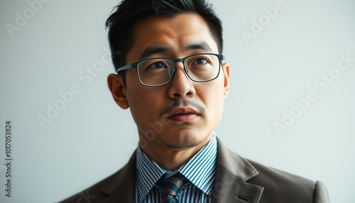 A thoughtful professional gazes upward, wearing a sleek suit and glasses, lost in contemplation while bathed in soft afternoon light filtering through the office