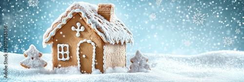 Gingerbread house in snowy landscape with falling snowflakes, festive winter scene, cozy Christmas atmosphere, holiday decoration, gingerbread cookies, snow-covered roof, traditional holiday treat photo