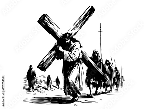 symbolic depiction of jesus christ walking with the cross sketch black vector