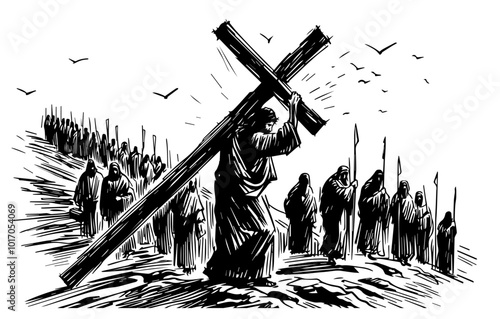 religious art of jesus with the cross on the way to golgotha sketch black vector