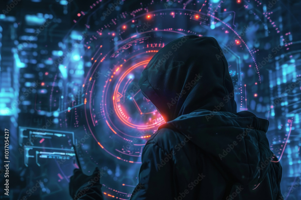 A man in a hoodie is looking at a computer screen with a blue background A man in a hoodie is looking at a computer screen with a blue background