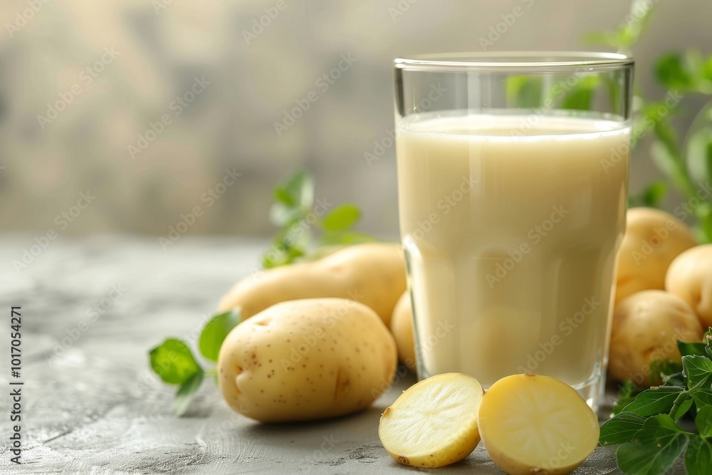 Freshly prepared potato juice served in a glass alongside whole and halved potatoes on a rustic table. Copy space Freshly prepared potato juice served in a glass alongside whole and halved potatoes on a rustic table. Copy space