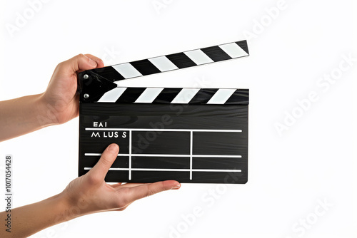 A hand holding a black and white movie clapperboard with the letters Eai on it