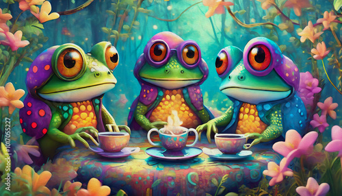 oil painting style cartoon character illustration multicolored portrait frogs with top hats Having Tea