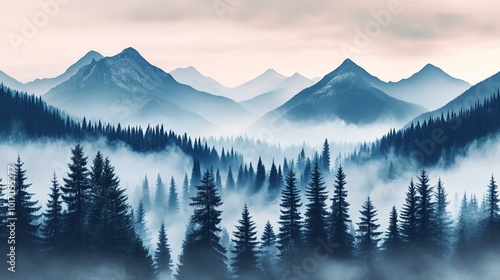 Serene Mountain Landscape A Misty View of Majestic Peaks and Evergreen Forests