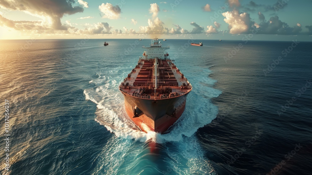Fototapeta premium Vast ocean scene featuring large cargo ship sailing smoothly, waves splashing against hull, under beautiful sunset sky, transporting goods across tranquil blue waters.