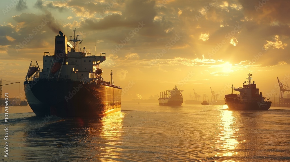 Vessels navigating calm waters at sunset, cargo ships silhouetted against golden sky, tranquil harbor scene, maritime transportation and industry in action. Vessels navigating calm waters at sunset, cargo ships silhouetted against golden sky, tranquil harbor scene, maritime transportation and industry in action.