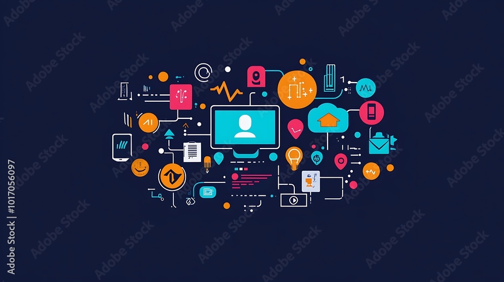 A computer screen with various digital icons around it, representing technology, connectivity, and the internet. A computer screen with various digital icons around it, representing technology, connectivity, and the internet.