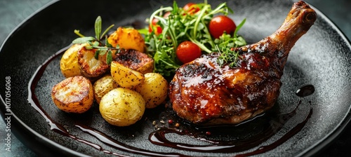 Fototapeta Naklejka Na Ścianę i Meble -  Gourmet Duck Confit with Crispy Potatoes and Fresh Herb Salad for Elegant Dining