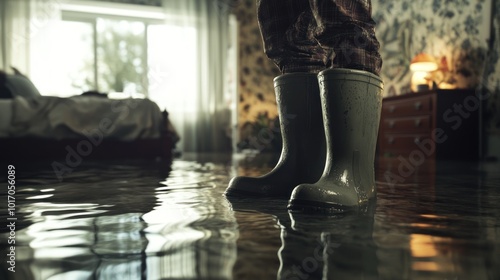 A person stands in a flooded room wearing rubber boots, highlighting the impact of water damage.