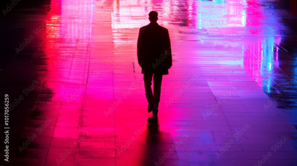 Dark Noir Scene: Mysterious Figure Walking at Night with Neon Lights Reflecting on Wet Sidewalk Dark Noir Scene: Mysterious Figure Walking at Night with Neon Lights Reflecting on Wet Sidewalk