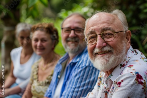 Portrait of a happy senior couple with their family in the garden