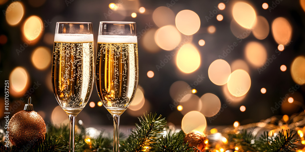 two glasses of champagne are on the table. new year atmosphere. festive atmosphere. champagne on Christmas Eve. bokeh background two glasses of champagne are on the table. new year atmosphere. festive atmosphere. champagne on Christmas Eve. bokeh background