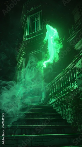 A glowing green fog-like ghost floating above the steps of an old mansion at... photo