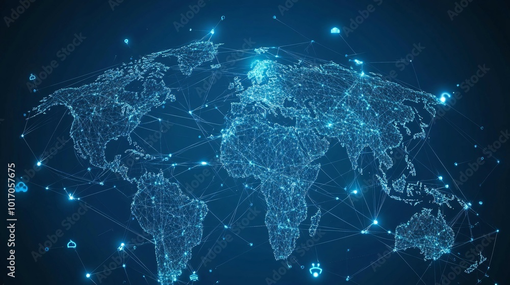 Global Network Connection with Illuminated Continents and Interconnected Lines Global Network Connection with Illuminated Continents and Interconnected Lines