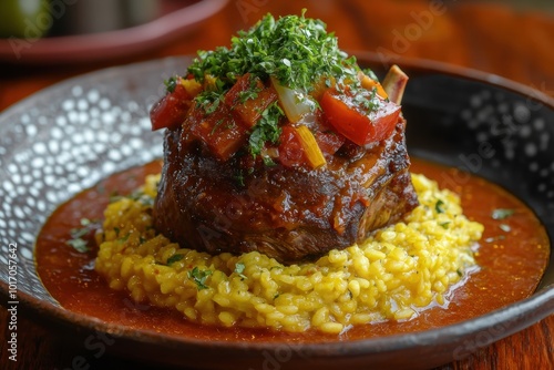 Gourmet Osso Buco with Saffron Risotto and Fresh Gremolata Garnish for Culinary Delights photo