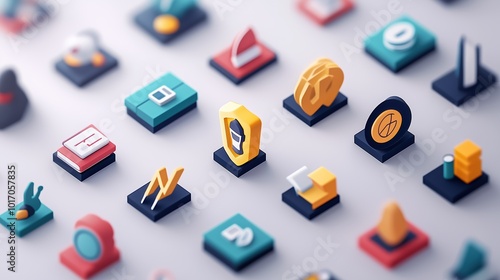 A vibrant collection of assorted business icons is organized meticulously on a flat surface, ideal for enhancing presentations and digital projects in professional settings