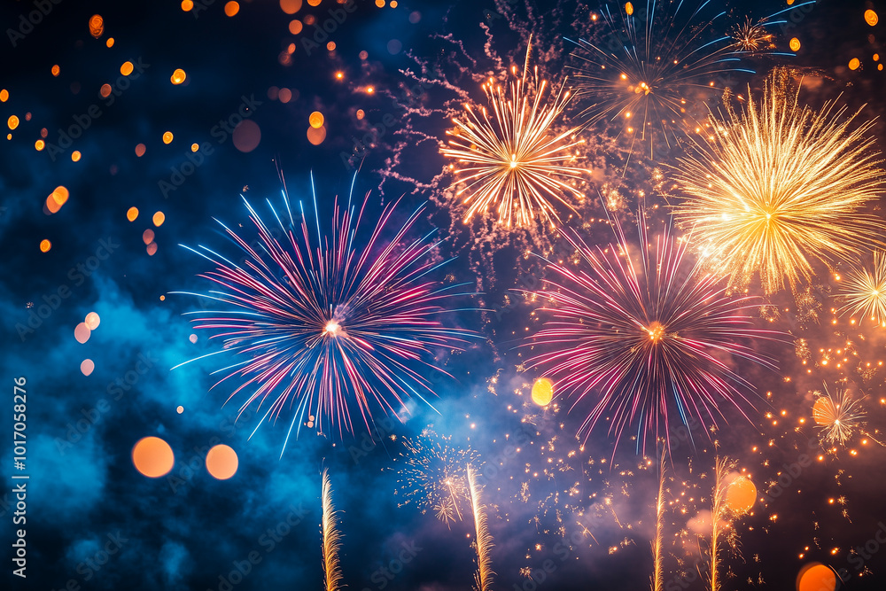 Fototapeta premium Fireworks in the sky. New Year's celebration. Festive background. Holiday fireworks.
