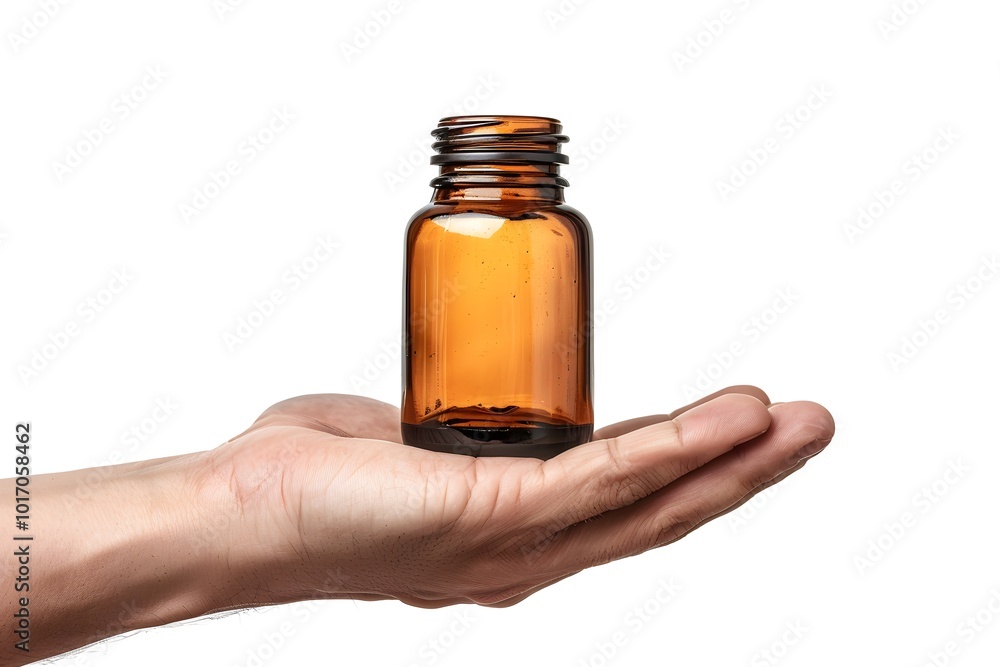 Hand Holding an Amber Glass Bottle Against a White Background Hand Holding an Amber Glass Bottle Against a White Background