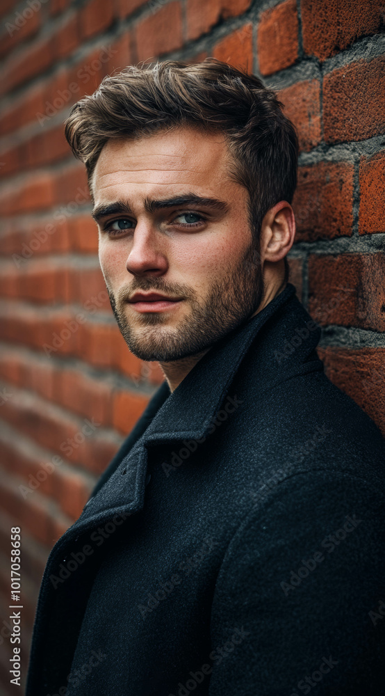 A young man with short hair and a beard, wearing a black coat, faces the camera in this street portrait, background is a brick wall A young man with short hair and a beard, wearing a black coat, faces the camera in this street portrait, background is a brick wall