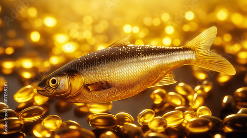 Golden fish surrounded by omega-3 capsules, healthy fish oil supplements concept, glowing background, natural health benefits, rich in nutrients, dietary supplements for heart and brain wellness photo