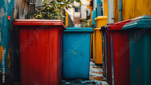 Colorful Trash Bins in Urban Alley