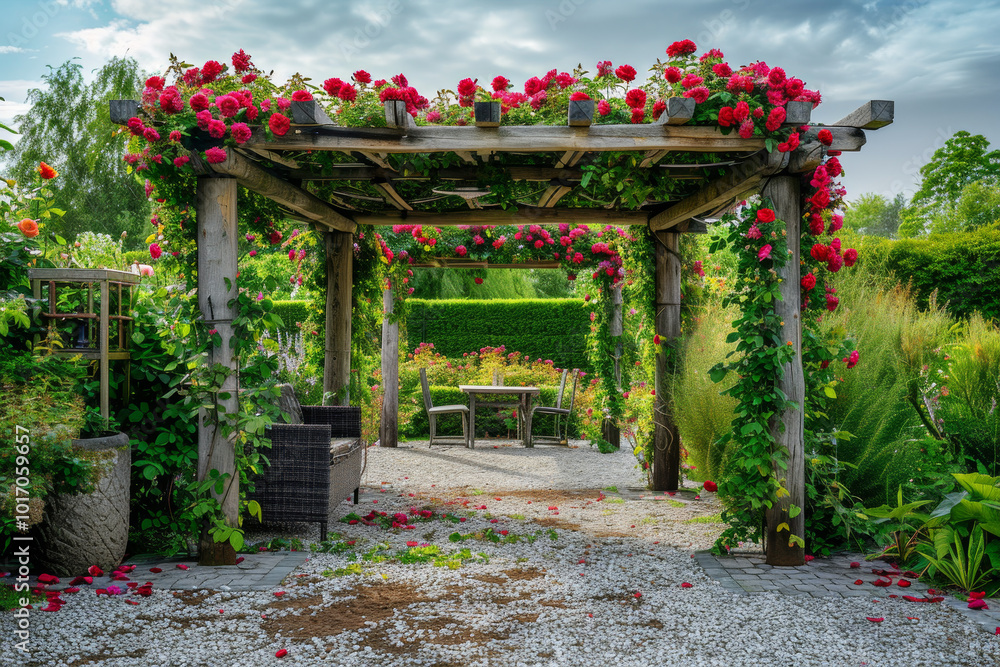 A garden with a pergola covered in red roses A garden with a pergola covered in red roses