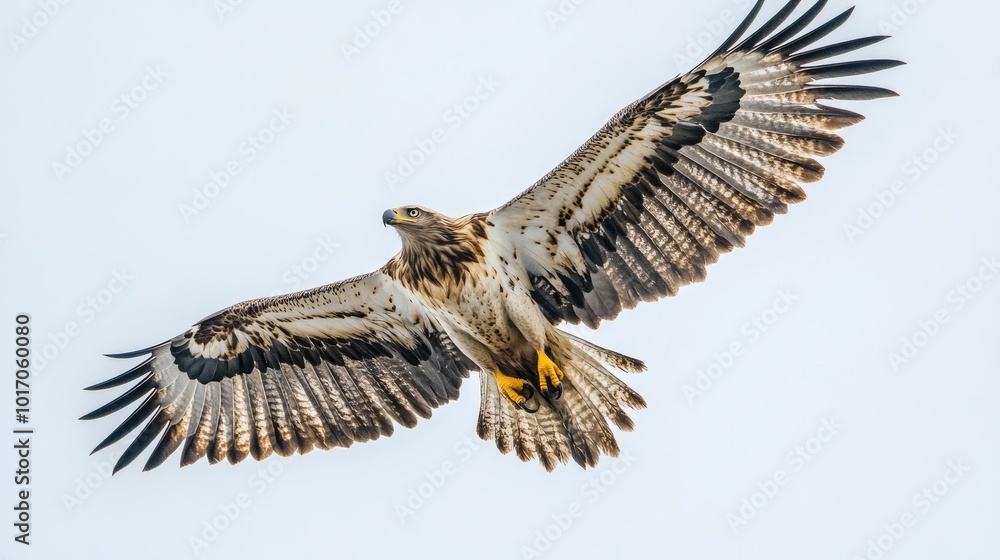 Fototapeta premium An eagle soaring in mid-flight, its sharp talons and beak visible, wings spread wide against a white background.