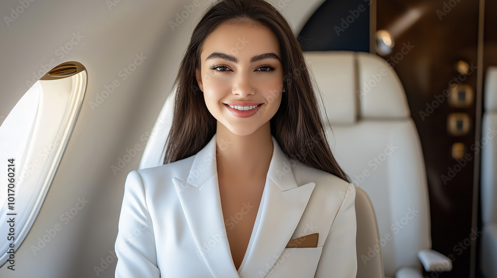 Elegant woman in white blazer sitting on private jet, luxury travel and business class experience, successful professional, smiling flight attendant in corporate aviation setting, exclusive lifestyle Elegant woman in white blazer sitting on private jet, luxury travel and business class experience, successful professional, smiling flight attendant in corporate aviation setting, exclusive lifestyle
