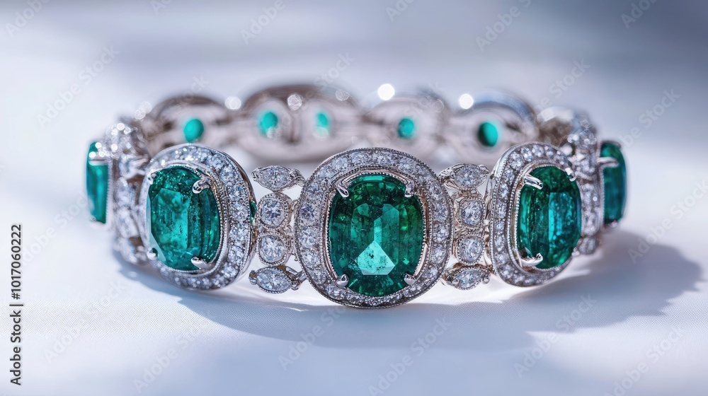 An elegant emerald and diamond bracelet showcased on a pristine white background, with every detail sparkling under the light. An elegant emerald and diamond bracelet showcased on a pristine white background, with every detail sparkling under the light.