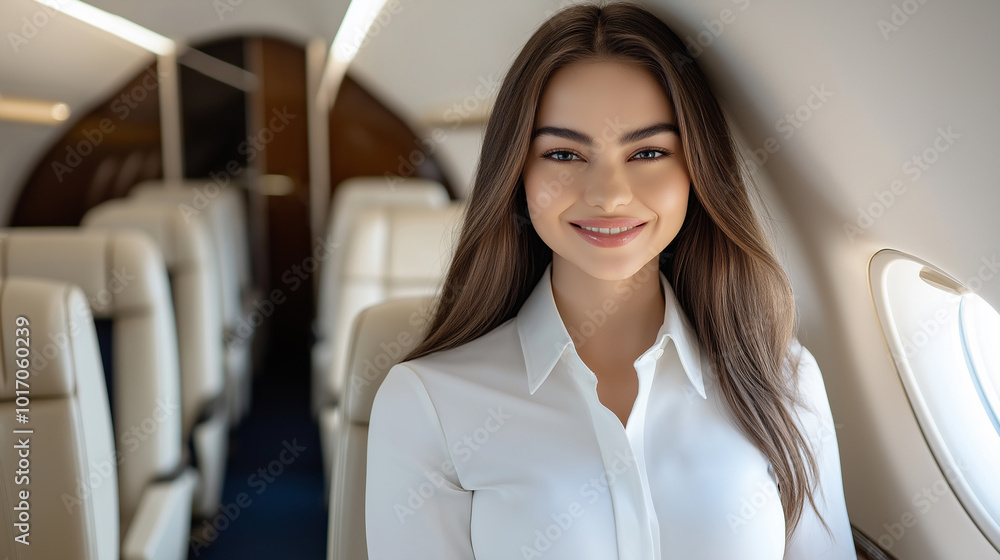 Elegant woman in white blazer sitting on private jet, luxury travel and business class experience, successful professional, smiling flight attendant in corporate aviation setting, exclusive lifestyle Elegant woman in white blazer sitting on private jet, luxury travel and business class experience, successful professional, smiling flight attendant in corporate aviation setting, exclusive lifestyle