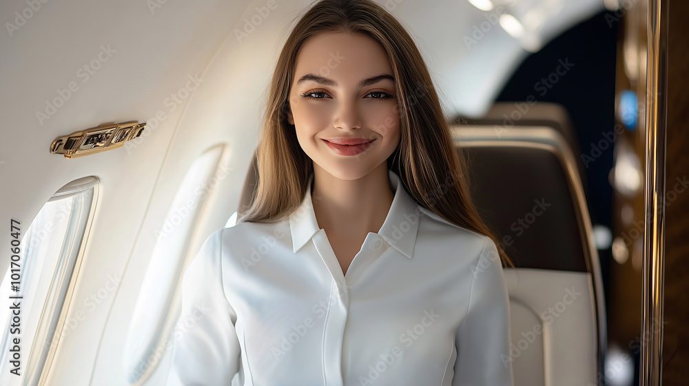 Elegant woman in white blazer sitting on private jet, luxury travel and business class experience, successful professional, smiling flight attendant in corporate aviation setting, exclusive lifestyle Elegant woman in white blazer sitting on private jet, luxury travel and business class experience, successful professional, smiling flight attendant in corporate aviation setting, exclusive lifestyle