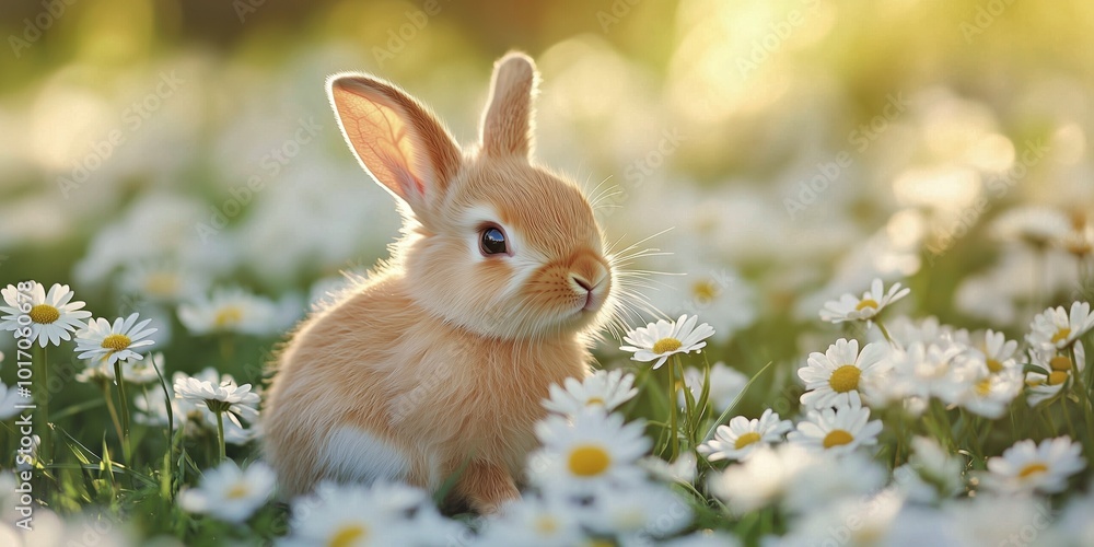 Adorable brown bunny with soft fur sitting in a bed of daisies under warm sunlight, surrounded by vibrant flowers and green grass Adorable brown bunny with soft fur sitting in a bed of daisies under warm sunlight, surrounded by vibrant flowers and green grass