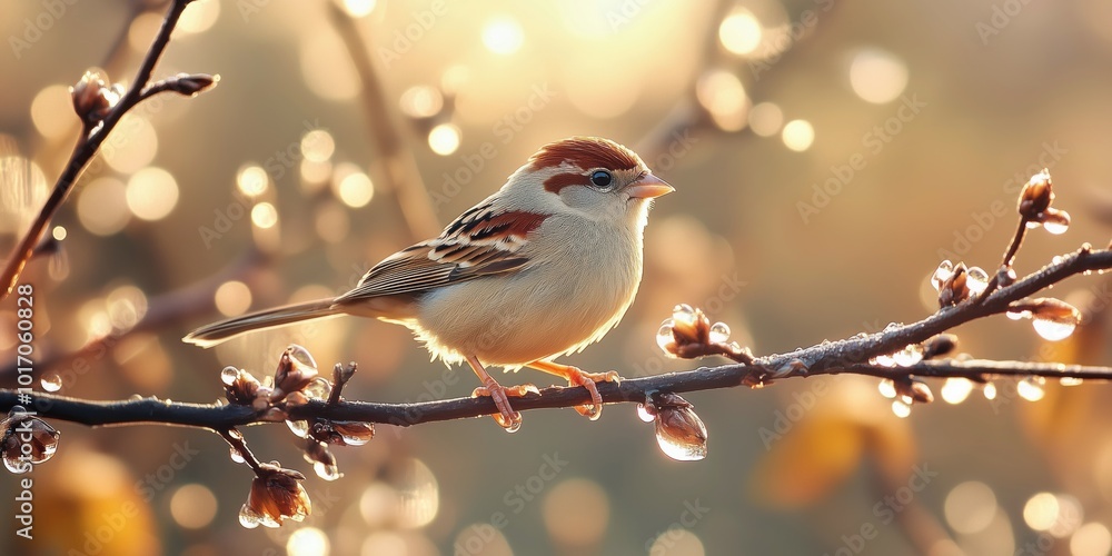 Tiny fluffy sparrow perched on a simple twig with minimal background Tiny fluffy sparrow perched on a simple twig with minimal background