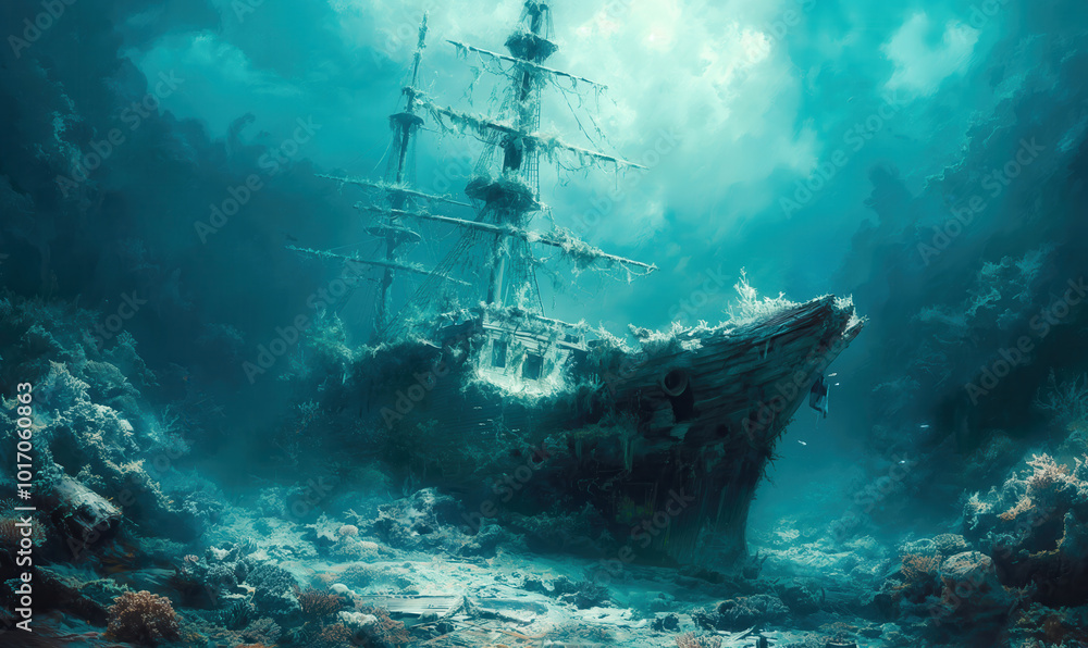 Obraz premium Illustration, a sunken sailing ship on the seabed.