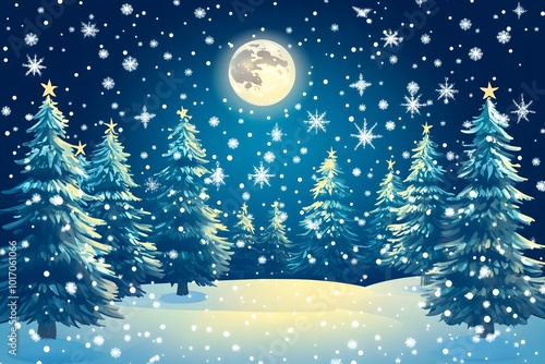 Fantasy on the theme of the winter landscape. Night, moon and forest. Snowdrifts, Christmas lights. Vector illustration