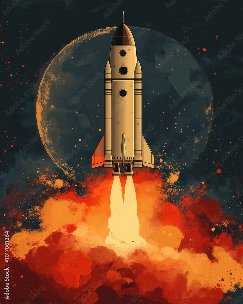 Obraz premium A rocket launches into the vibrant sky, surrounded by billowing clouds and a backdrop of distant stars.