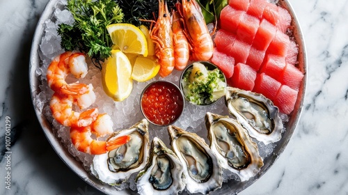 Gourmet Seafood Platter with Oysters, Shrimp, and Sashimi Garnished with Lemons and Seaweed photo