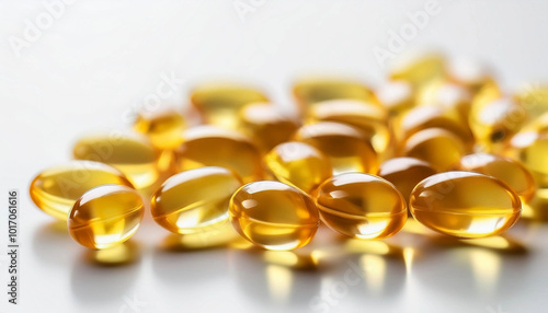 Gel, oil, gelatin capsules on white background. Tablets, medicine concept. Pills. Health. A fish oil gel capsules with omega-3 and vitamin D. Fish capsules. Blurred image. Medicine background, banner