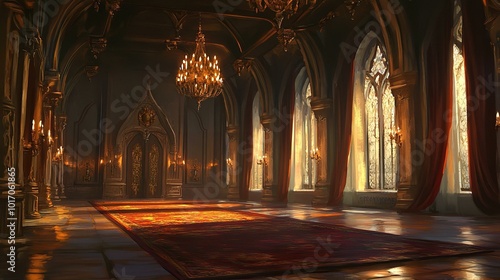 Elegant Gothic Interior with Chandelier and Sunlit Windows