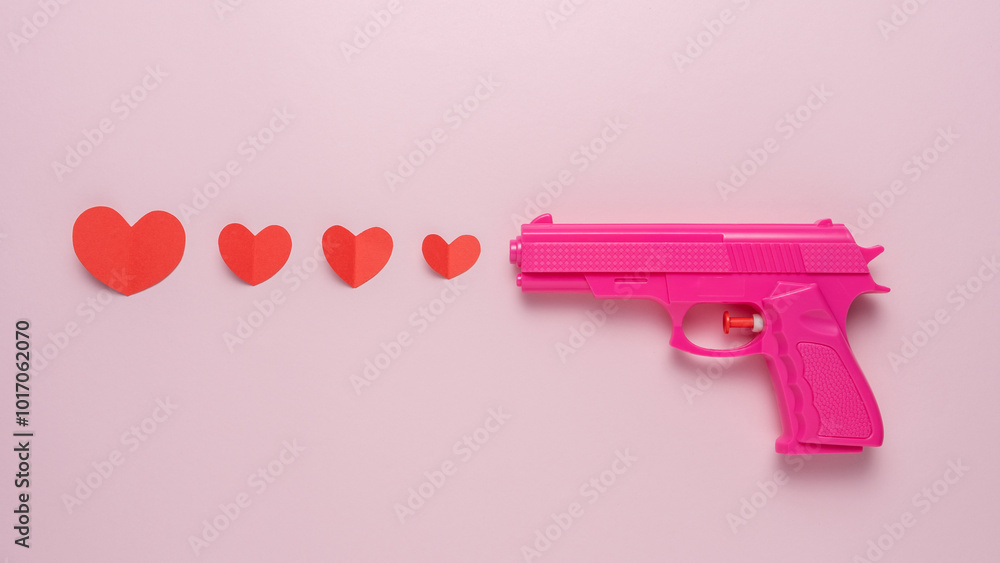 Creative background made with Pink gun and red paper hearts. Minimal love concept. Creative background made with Pink gun and red paper hearts. Minimal love concept.