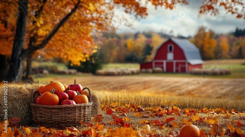 A peaceful countryside landscape during autumn, with a red barn, haystacks, and trees full of colorful fall leaves. There's a basket full of apples and pumpkins.