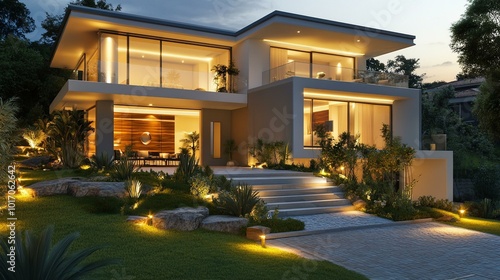 Elegant Modern Home Design with Illuminated Landscaping and Contemporary Architecture photo