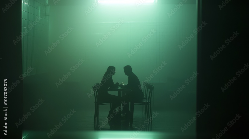 Whispers in the Shadows: Cinematic Noir Image of Couple Sharing Intimate Moment in Dimly Lit Café Whispers in the Shadows: Cinematic Noir Image of Couple Sharing Intimate Moment in Dimly Lit Café