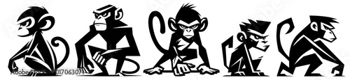 collection of fierce and aggressive cartoon monkeys hand-drawn black vector