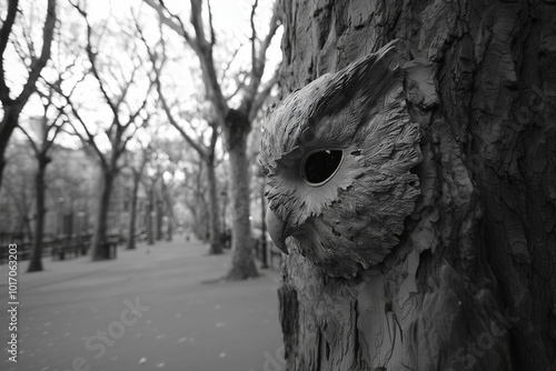 owl sitting on the road or way in the forest or park photo